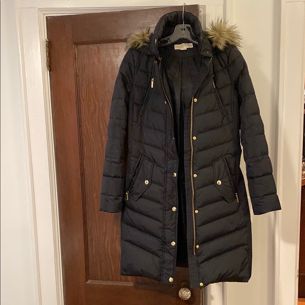 Michael Kors Black Puffer Jacket with Hood and Gold Hardware